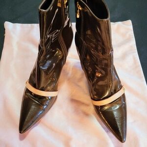lseLouis Vuitton Brown Patent Leather LV Monogram Booties 38EU (US 7.5) Auth